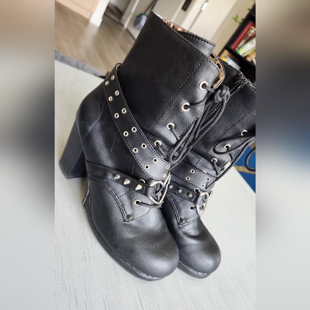 Demonia Torment Heeled Ankle Boots Eith Spikes and Heart Detail